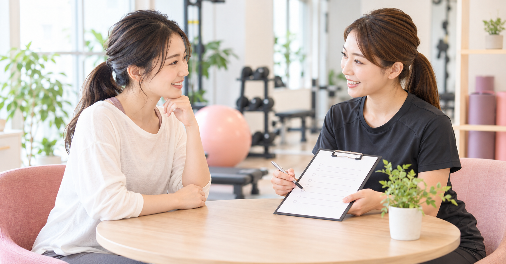 パーソナルジムの無料体験で相談する女性(イメージ)